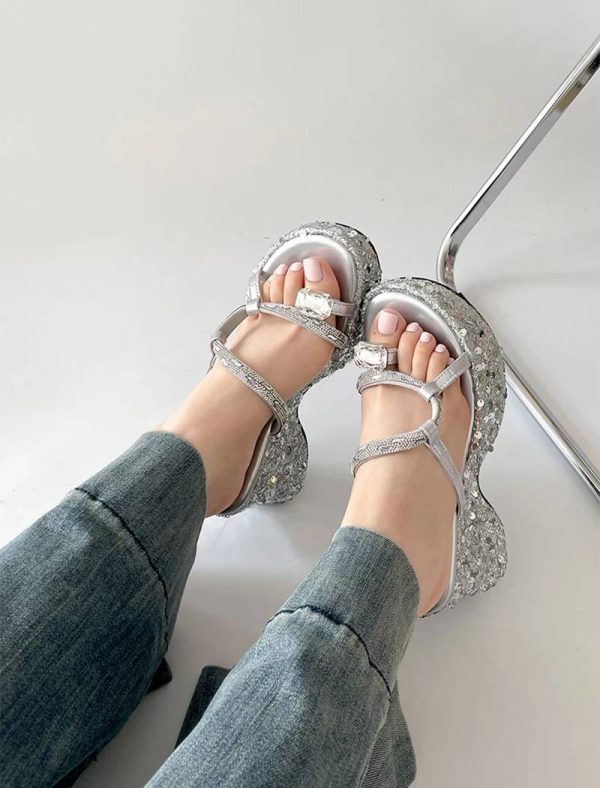 Elegant Crystal Narrow Band Platform Thick Bottom Wedges Heel Slides Sandals - Image 11