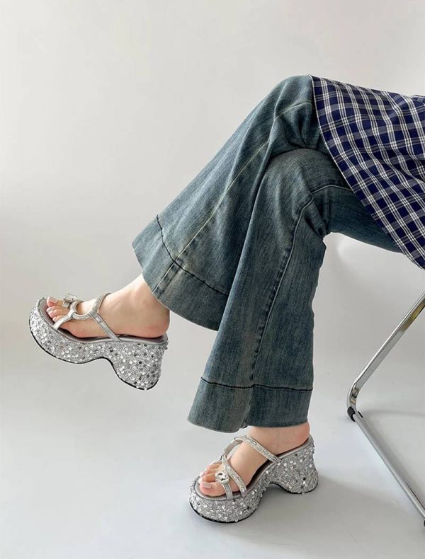 Elegant Crystal Narrow Band Platform Thick Bottom Wedges Heel Slides Sandals - Image 9