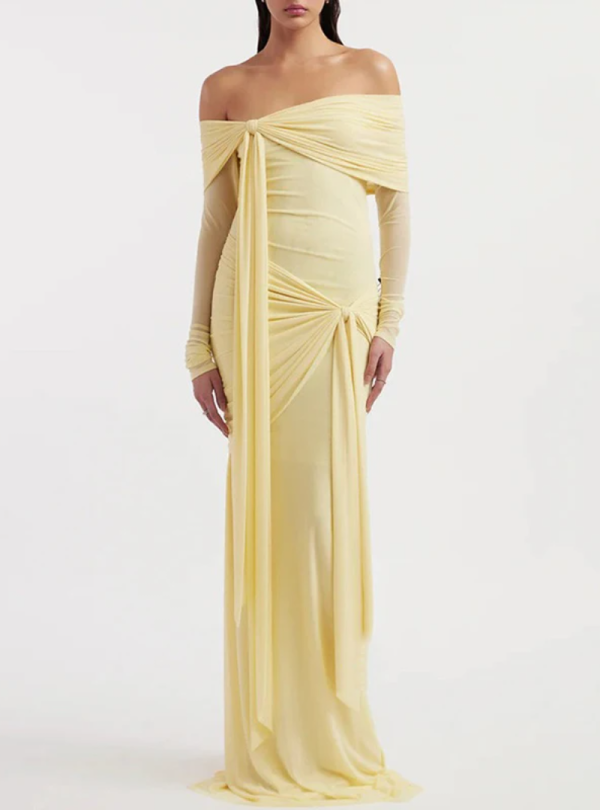 Elegant Designer Dress Slash Neck Asymmetric Long Sleeve Ribbon Shimming Dresses
