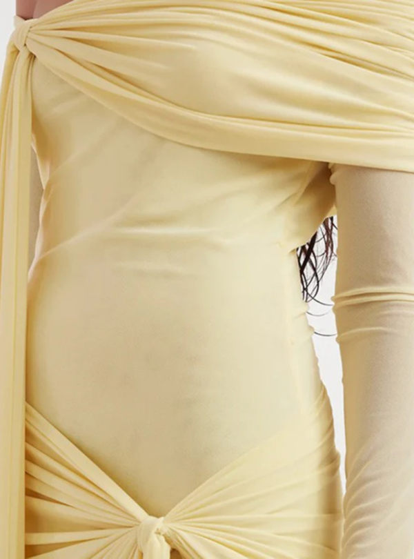 Elegant Designer Dress Slash Neck Asymmetric Long Sleeve Ribbon Shimming Dresses - Image 4