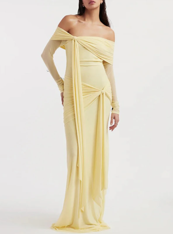 Elegant Designer Dress Slash Neck Asymmetric Long Sleeve Ribbon Shimming Dresses - Image 2