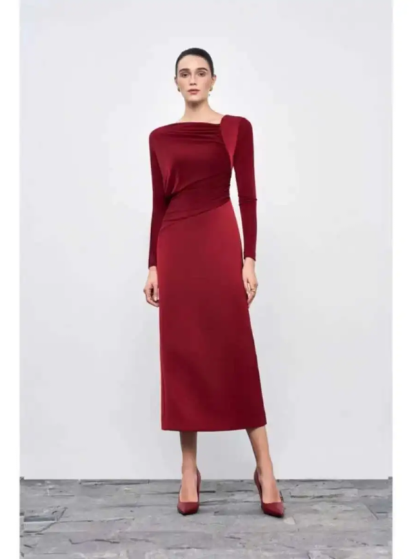 Elegant Diagonal Collar Long Sleeve Spliced High Waist Slimming Dresses - Image 5