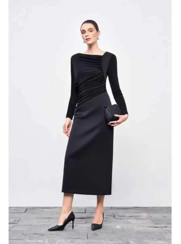 Elegant Diagonal Collar Long Sleeve Spliced High Waist Slimming Dresses