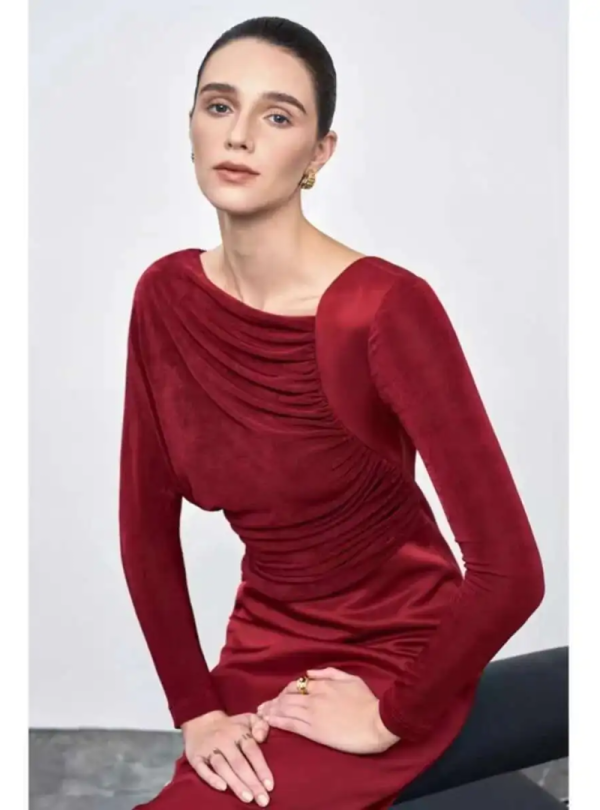 Elegant Diagonal Collar Long Sleeve Spliced High Waist Slimming Dresses - Image 3
