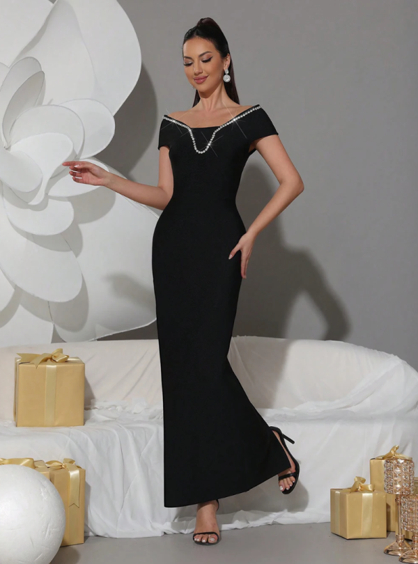 Elegant Diamond Off  Shoulder Bandage Short Sleeved Crystal Prom Gown Dresses - Image 3