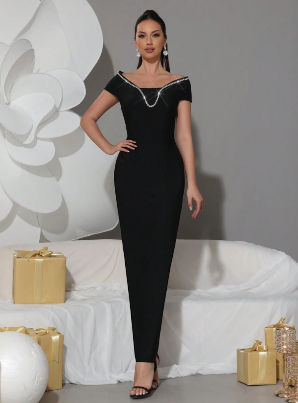 Elegant Diamond Off  Shoulder Bandage Short Sleeved Crystal Prom Gown Dresses