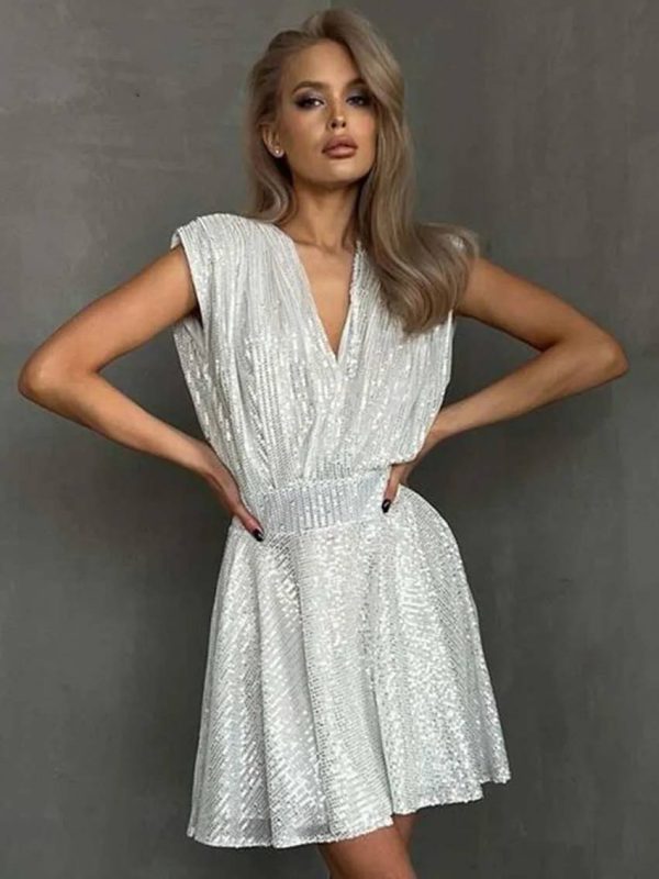 Elegant Embroidery V-Neck Lace-Up Open Back Sleeveless Casual Pleated Mini Dress