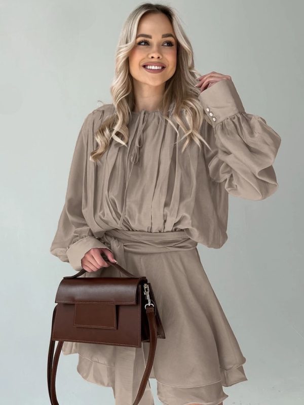 Elegant Fashion Long Sleeve Shirt With High Waist Pleated Mini Skirt Set