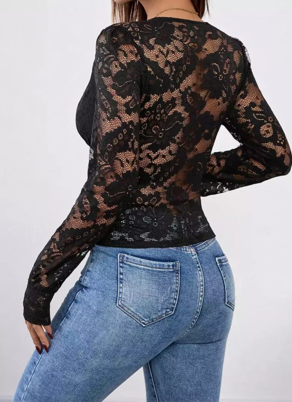Elegant Fashion Long Sleeves Tees Lace Layered Cut Out V-Neck T-Shirt - Image 2