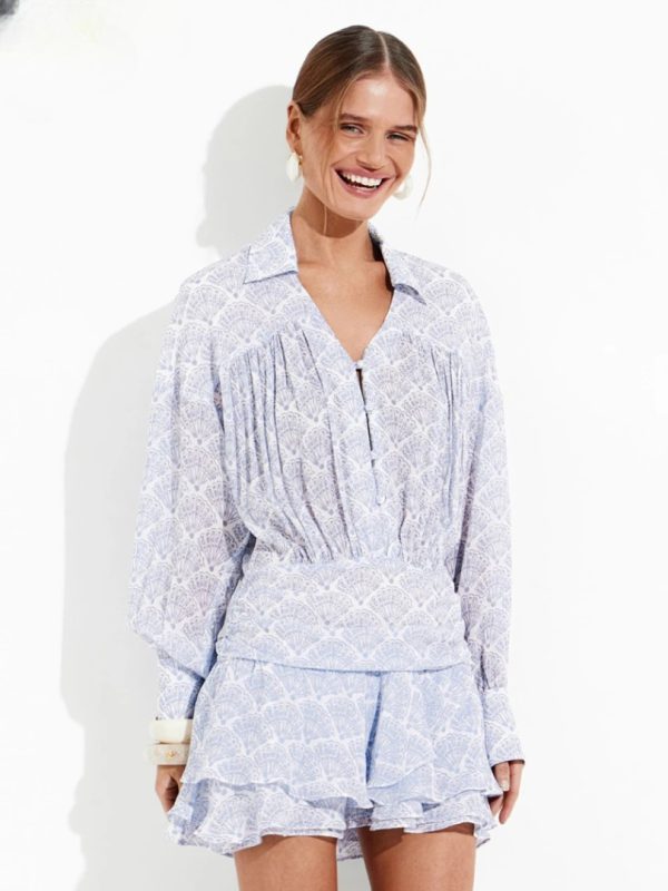 Elegant Fashion Loose Classic Pleated Casual Lapel Long Sleeve Mini Dresses