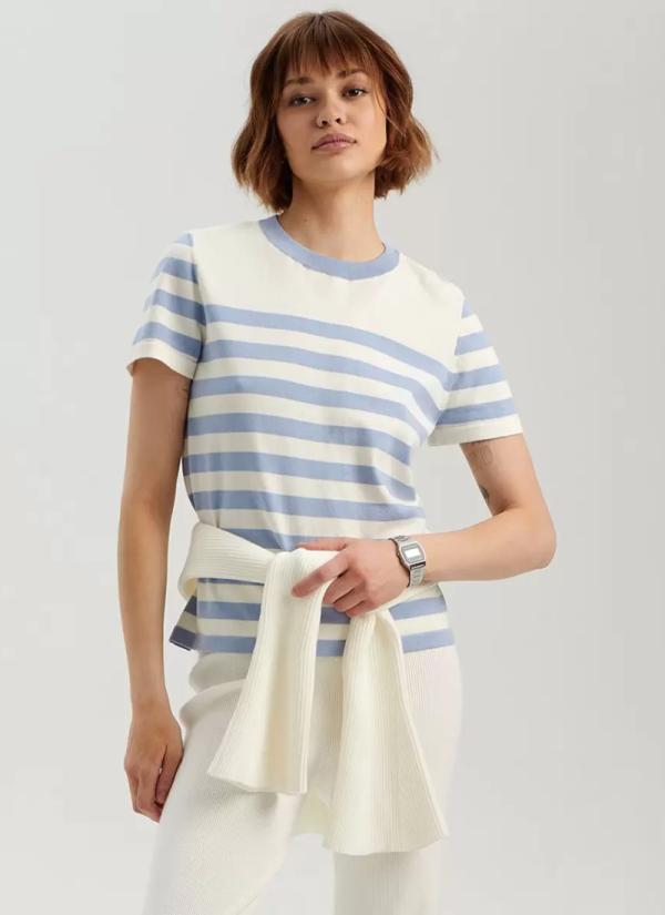 Elegant Fashion Short Sleeves Tees Acrylic Stripes Jewel Neck T Shirt - Image 5