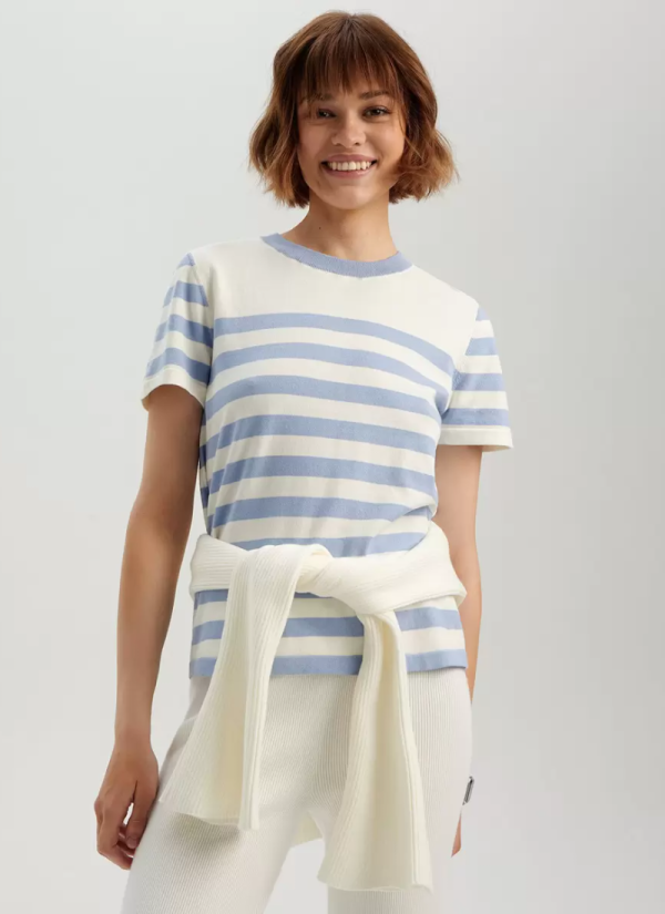Elegant Fashion Short Sleeves Tees Acrylic Stripes Jewel Neck T Shirt - Image 4