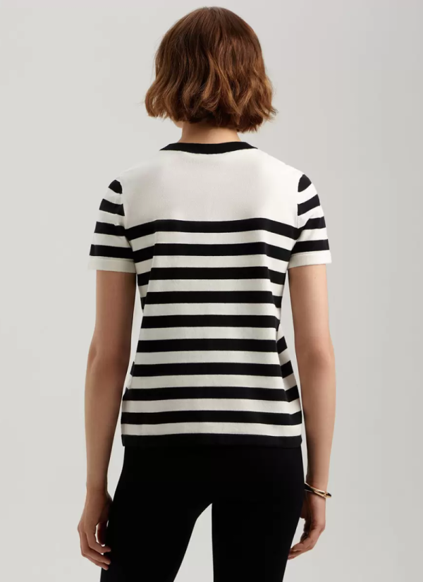 Elegant Fashion Short Sleeves Tees Acrylic Stripes Jewel Neck T Shirt - Image 3
