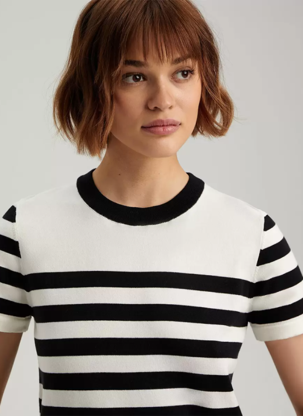 Elegant Fashion Short Sleeves Tees Acrylic Stripes Jewel Neck T Shirt - Image 2