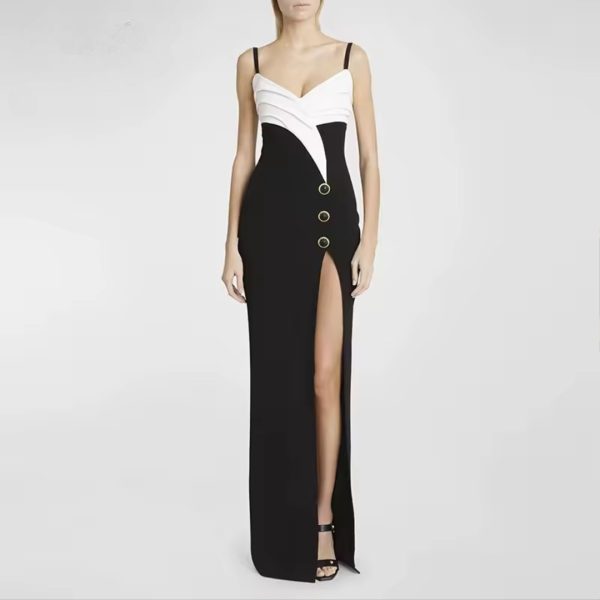 Elegant Fashion Sling Dress Color Blocked Suspender Slit Floor Length Dresses