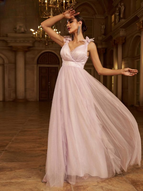 Elegant Fashion V Neck A Line Gown Formal Occasion Tulle Maxi Dresses - Image 5