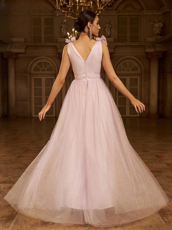 Elegant Fashion V Neck A Line Gown Formal Occasion Tulle Maxi Dresses - Image 4
