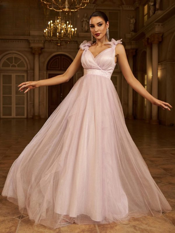 Elegant Fashion V Neck A Line Gown Formal Occasion Tulle Maxi Dresses