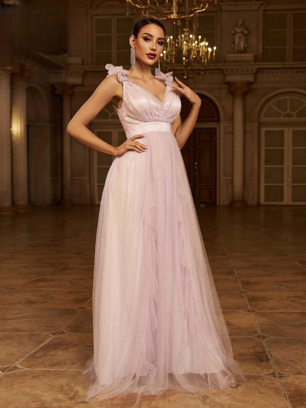 Elegant Fashion V Neck A Line Gown Formal Occasion Tulle Maxi Dresses - Image 3