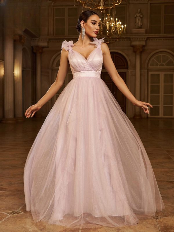 Elegant Fashion V Neck A Line Gown Formal Occasion Tulle Maxi Dresses - Image 2