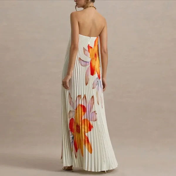 Elegant Floral Print A-Line Pleated Hollow Strapless Backless Zips Boho Long Dress - Image 4