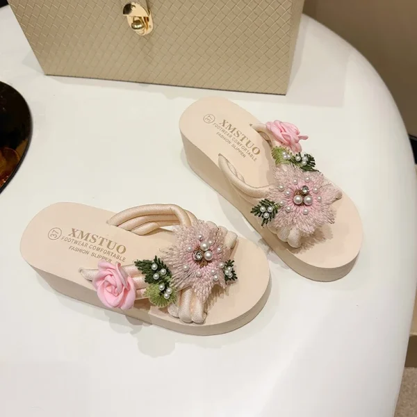 Elegant Flower Embroidered Resistant Thick Soled Flip Flops Sandals - Image 16