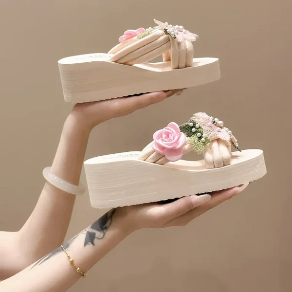 Elegant Flower Embroidered Resistant Thick Soled Flip Flops Sandals - Image 15
