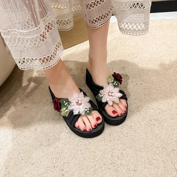 Elegant Flower Embroidered Resistant Thick Soled Flip Flops Sandals - Image 2