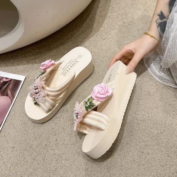 Elegant Flower Embroidered Resistant Thick Soled Flip Flops Sandals - Image 13