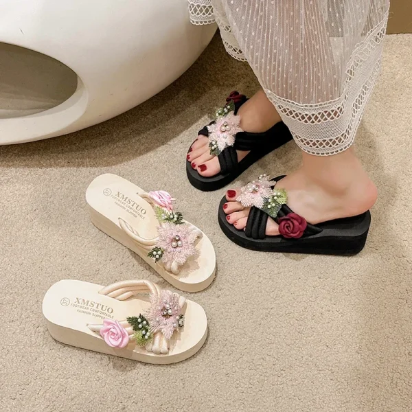 Elegant Flower Embroidered Resistant Thick Soled Flip Flops Sandals - Image 18