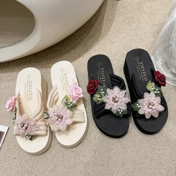 Elegant Flower Embroidered Resistant Thick Soled Flip Flops Sandals - Image 21