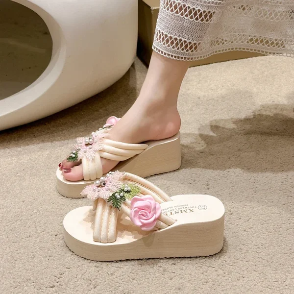 Elegant Flower Embroidered Resistant Thick Soled Flip Flops Sandals - Image 14