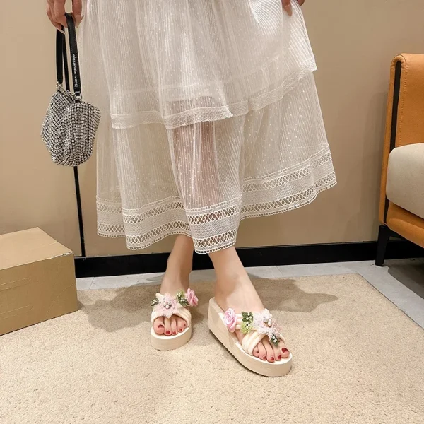 Elegant Flower Embroidered Resistant Thick Soled Flip Flops Sandals - Image 12