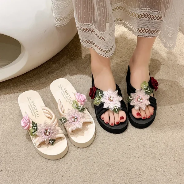 Elegant Flower Embroidered Resistant Thick Soled Flip Flops Sandals - Image 17
