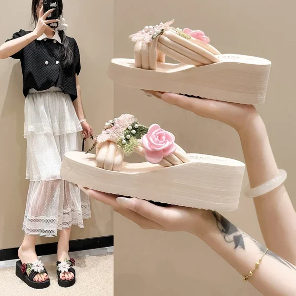 Elegant Flower Embroidered Resistant Thick Soled Flip Flops Sandals - Image 22