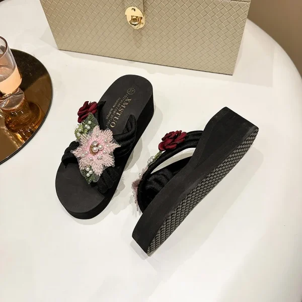Elegant Flower Embroidered Resistant Thick Soled Flip Flops Sandals - Image 8