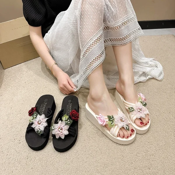Elegant Flower Embroidered Resistant Thick Soled Flip Flops Sandals - Image 20