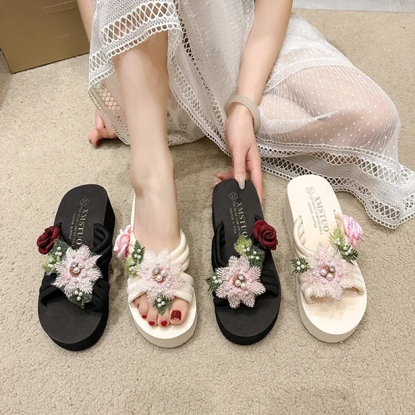 Elegant Flower Embroidered Resistant Thick Soled Flip Flops Sandals - Image 19