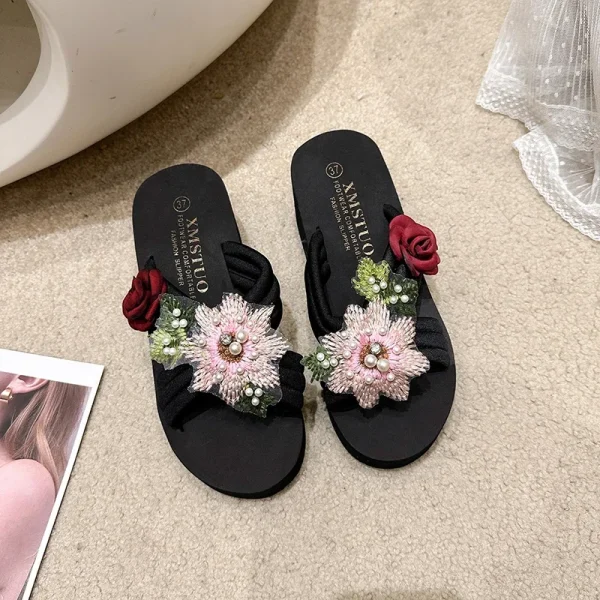 Elegant Flower Embroidered Resistant Thick Soled Flip Flops Sandals - Image 6