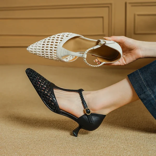 Elegant Buckle Strap Genuine Leather Pointed Toe Thin High Heel Sandals - Image 14