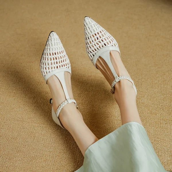 Elegant Buckle Strap Genuine Leather Pointed Toe Thin High Heel Sandals - Image 2