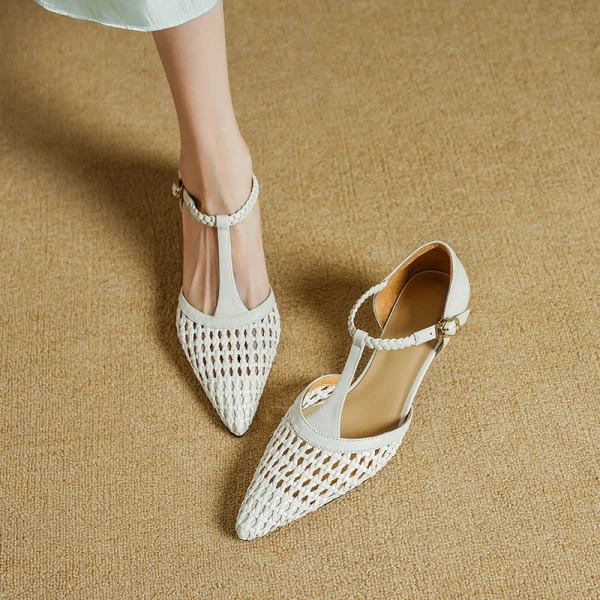 Elegant Buckle Strap Genuine Leather Pointed Toe Thin High Heel Sandals - Image 3
