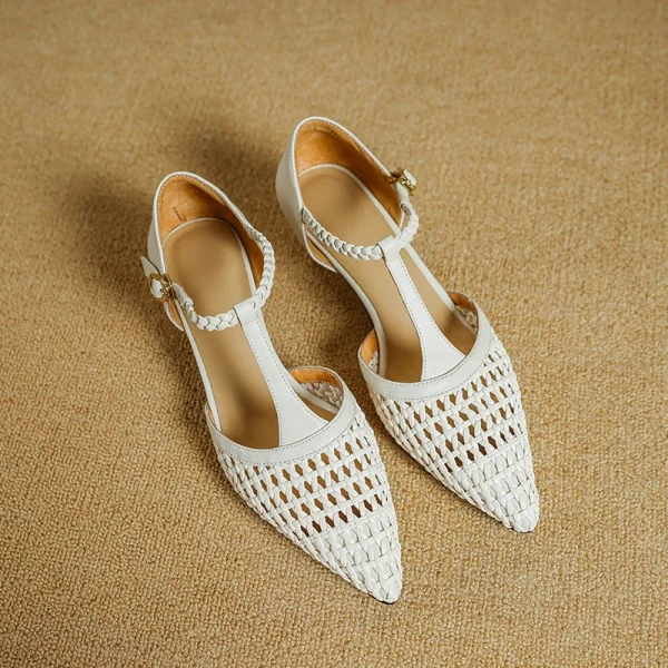 Elegant Buckle Strap Genuine Leather Pointed Toe Thin High Heel Sandals - Image 6
