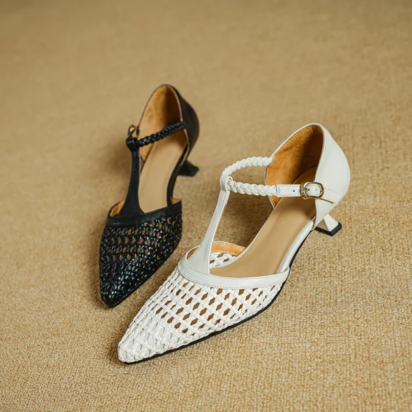 Elegant Buckle Strap Genuine Leather Pointed Toe Thin High Heel Sandals - Image 15