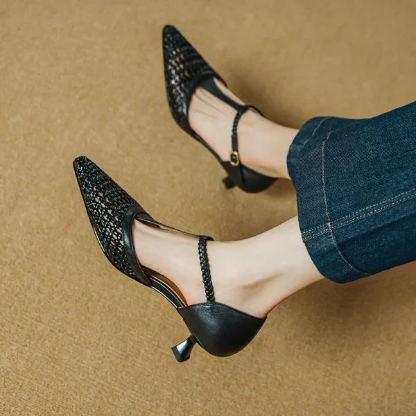 Elegant Buckle Strap Genuine Leather Pointed Toe Thin High Heel Sandals - Image 11