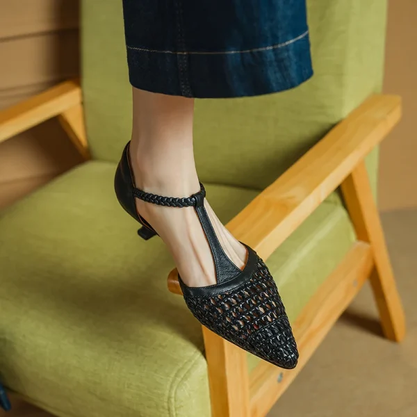 Elegant Buckle Strap Genuine Leather Pointed Toe Thin High Heel Sandals - Image 10