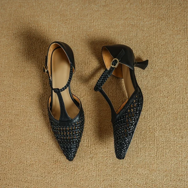 Elegant Buckle Strap Genuine Leather Pointed Toe Thin High Heel Sandals - Image 13
