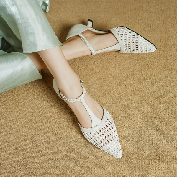 Elegant Buckle Strap Genuine Leather Pointed Toe Thin High Heel Sandals - Image 4