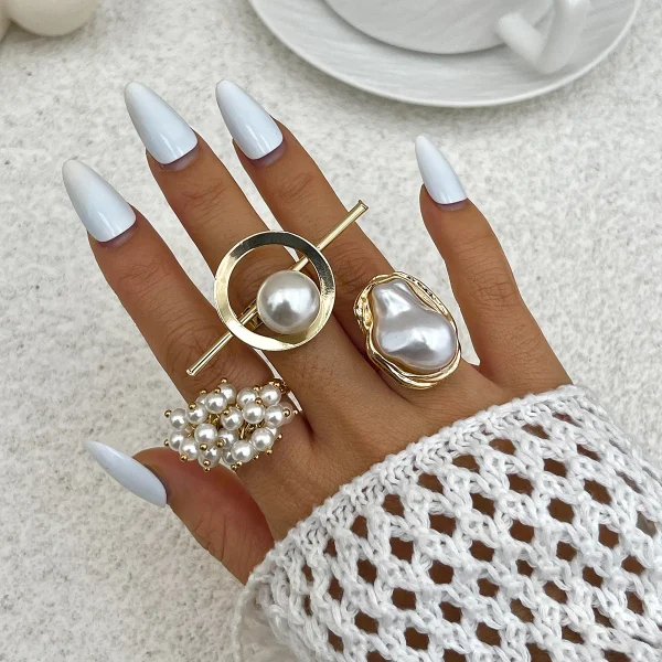Elegant Geometric Imitation Pearl Open Petal Flower Adjustable 5pcs Ring Set - Image 2
