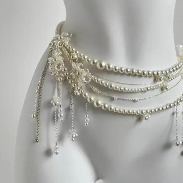 Elegant Geometric Pearl Waist Chain Flower Tassel Double Layer Beads Chain Belt  - Image 4